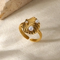 Anello conchiglia placcato oro 18K con perle e diamante, design regolabile - Stile Conchiglia Perla Dorato (G11207219)