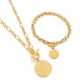 Golden stainless steel paperclip chain necklace and bracelet set with coin pendants - Gold Saint Benedict Medal Set (KS138518-Z)