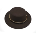 Close-up of a dark brown flat top fedora with a decorative gold chain link band detail - M (56-58cm) / Coffee