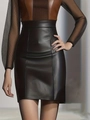 Close-up of a high-waisted black PU leather pencil skirt and mesh long sleeve top - S / Black