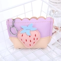 Purple strawberry coin purse with contrasting pink embroidery and metal keychain hook - Purple