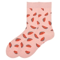 Pink cotton crew socks featuring vibrant red watermelon patterns on a white background - 38-46 / Pink Base Watermelon Pattern (3715C)