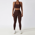 Dark brown high-waist yoga leggings and halter sports bra set for fitness training - S / 6116 Bra + 6116 Leggings / Dark Brown