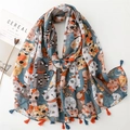 Navy cotton linen scarf featuring orange cat prints and decorative fringe tassels - Dark Blue Cartoon Cat Pattern (SL2404-007)