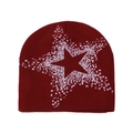 Detail of dark red knit beanie showing white pixelated star patterns and knit texture - M (56-58cm) / Burgundy