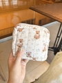 Quilted cream mini pouch with cute brown bear and floral pattern for cosmetics - Square Pouch - Cotton Padded Bear