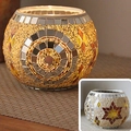 Mosaic glass candle holder with golden amber geometric tiles and warm glowing light - Star Moon Drawing