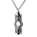 Silver steel cylindrical cremation necklace with floral relief and center gemstone - April