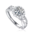 Elegant six-prong moissanite open ring in silver with brilliant round-cut gemstones - Adjustable Open / Double Row Pave Style (R10717-6.5mm/1 Carat)