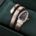 Elegant snake-shaped quartz bracelet watch with a diamond-set bezel and spiral band - Two-tone Rose Gold Silver Black Dial