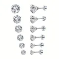 Set of six pairs of round white zircon stud earrings in various sizes with screw backs - Silver with White Zirconia / 3mm