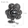 Vintage silver flower brooch with black pearl and rhinestones, size 4.8cm x 3.7cm - Retro Floral (xz4138)