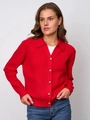 Elegant red ribbed knit cardigan for women with lapel collar and gold metal buttons - S / Red