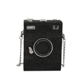 Sparkly black camera-shaped box bag with glitter finish and silver chain strap - Black