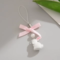 Detail of plush white rabbit phone charm with pink ribbon bow and pearl bead accent - White Plush Rabbit Style (0212)