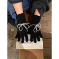 Korean style black knitted gloves featuring elegant 3D white pearl bow decorations - M / Black (Gloves)