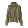 Army green batwing sleeve stand collar jacket with asymmetrical slanted zipper - S / Tops
