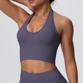 Close-up of mauve ribbed knit fabric and halter neck design on high-impact sports bra - 6703 Vest - Truffle Color / S