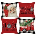Set of 4 Christmas pillow covers featuring red buffalo plaid and vintage Santa designs - Red & Black Grid