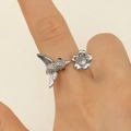 Detailed shot of hummingbird and flower open ring with sparkling zircon on finger - Hummingbird With White Rhinestone Style (0109)