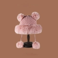 Cozy pink knit earmuff hat with cute faux fur deer antlers and fluffy pompom ties - Four Fur Balls Plush Hat / Pink