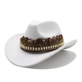 White wool felt cowboy hat with brown spotted feathers and golden skull metal trim - White