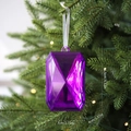 Purple faceted acrylic gem ornament with white ribbon hanging on a green Christmas tree - Square Gem / Purple