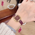 Elegant gold square watch with a burgundy leather strap and matching minimalist dial - Gold/Wine Red (Rounded Square 12-6 Markers)