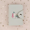 Light gray PU leather card holder featuring cute cartoon unicorn and metal snap closure - Unicorn