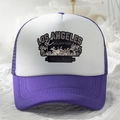 Close-up of purple and white Los Angeles trucker hat with vintage beach print detail - Purple