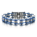 Primer plano de la pulsera de cadena de bici en acero plata y azul con grabado - Azul y Plata