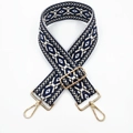 Macro shot of 5cm ethnic geometric jacquard bag strap with gold metal lobster clasps - No. 11 Black Base Blue Edge