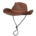 Detail of woven brown cowboy hat featuring a leather strap and adjustable chin cord - M (56-58cm) / Coffee