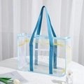 Transparent PVC tote bag with blue trim, star mesh pocket and zipper closure - Blue