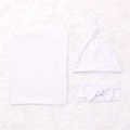 Soft white 3-piece newborn swaddle set including blanket, knotted hat and bow headband - White