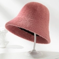 Detailed texture of pink plush faux fur on a warm winter bucket hat for women - M (56-58cm) / Coral Pink
