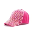Detail shot of sparkling iridescent rhinestones on a rose pink baseball cap brim - Rose Red
