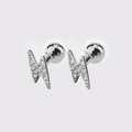 Silver lightning bolt stud earrings with white zircons and screw-back ball closures - Silver Lightning Bolt