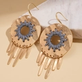 Detailed macro shot of geometric gold earrings with grey cord and metallic tassels - Ear Hook-Grey
