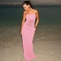 Pink lace patchwork halter dress with slim fit and sheer cutouts for beach wear - XS / Pink