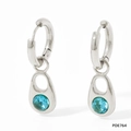 Silver stainless steel huggie earrings with teardrop hollow charm and blue zircon - Silver Earrings - Blue Zircon (PDE764)