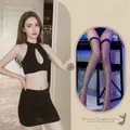 Three-piece black sexy secretary costume set with halter top, mini skirt and lace stockings - One Size / Black Sleeveless Secretary + Black Fishnet Stockings