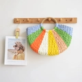 Handcrafted colorful striped semi-circle straw tote bag with round handle - Multicolor (Green Tone)