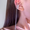 Silver bow ear cuff with elegant pearls and long hanging chain tassels for women - Silver Pearl Long Chain Tassel Ear Wrap (9865)