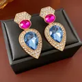 Vintage gold drop earrings with deep blue and rose red gems in geometric design - Silver Earring Post Pink and Blue Gemstone Rhinestone Earrings