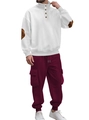 Heren wafelgebreid trainingspak met wit sweatshirt met knopen en bordeauxrode cargobroek - S / Wit+Wijnrood
