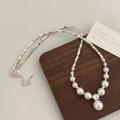 Silver square chain pearl necklace with zircon pendant on dark walnut wood - Silver Nuggets Pearl Necklace