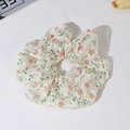 Beige floral lace scrunchie with red flowers and green leaves on a white background - Khaki Lace Floral