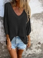 Schwarzes Strickoberteil für Damen mit V-Ausschnitt und modischem Lochmuster - 3XL / Schwarz