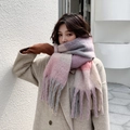Winter gradient pastel plaid scarf with tassels, soft plush oversized warm wrap - 230*35cm / 40202-Pink Plaid